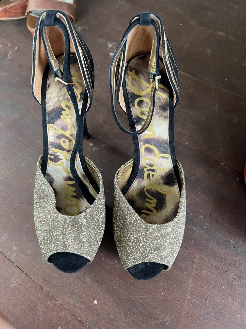 Sam Edelman Gold Glitter Peep-Toe Ankle Strap Heels with Black Trim